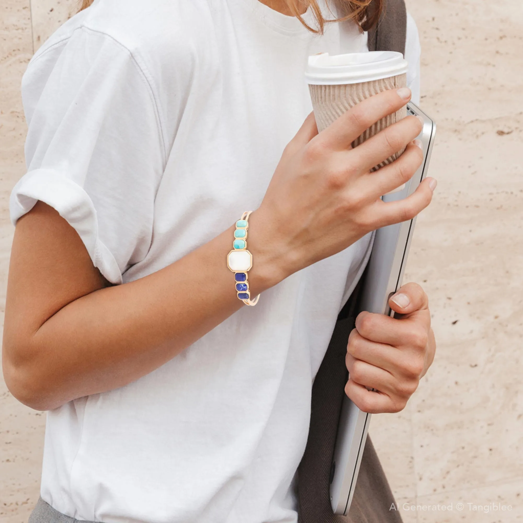 Dual Color Blue Lapis Turquoise and White Mother of Pearl Golden Cuff Bracelet sold by Zulily product image thumbnail 2