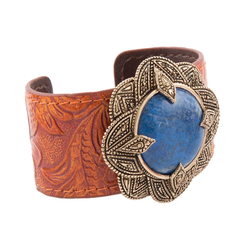 Ornate Blue Lapis Golden Leather Cuff Bracelet made by Zulily