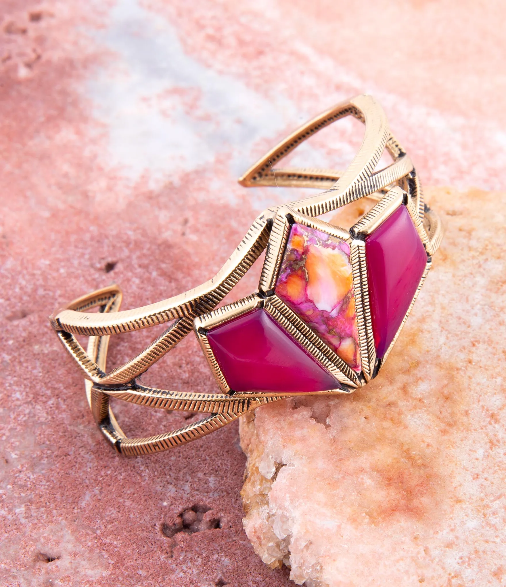 Pink Agate and Coral Matrix Golden Cuff Bracelet sold by Zulily product image thumbnail 3