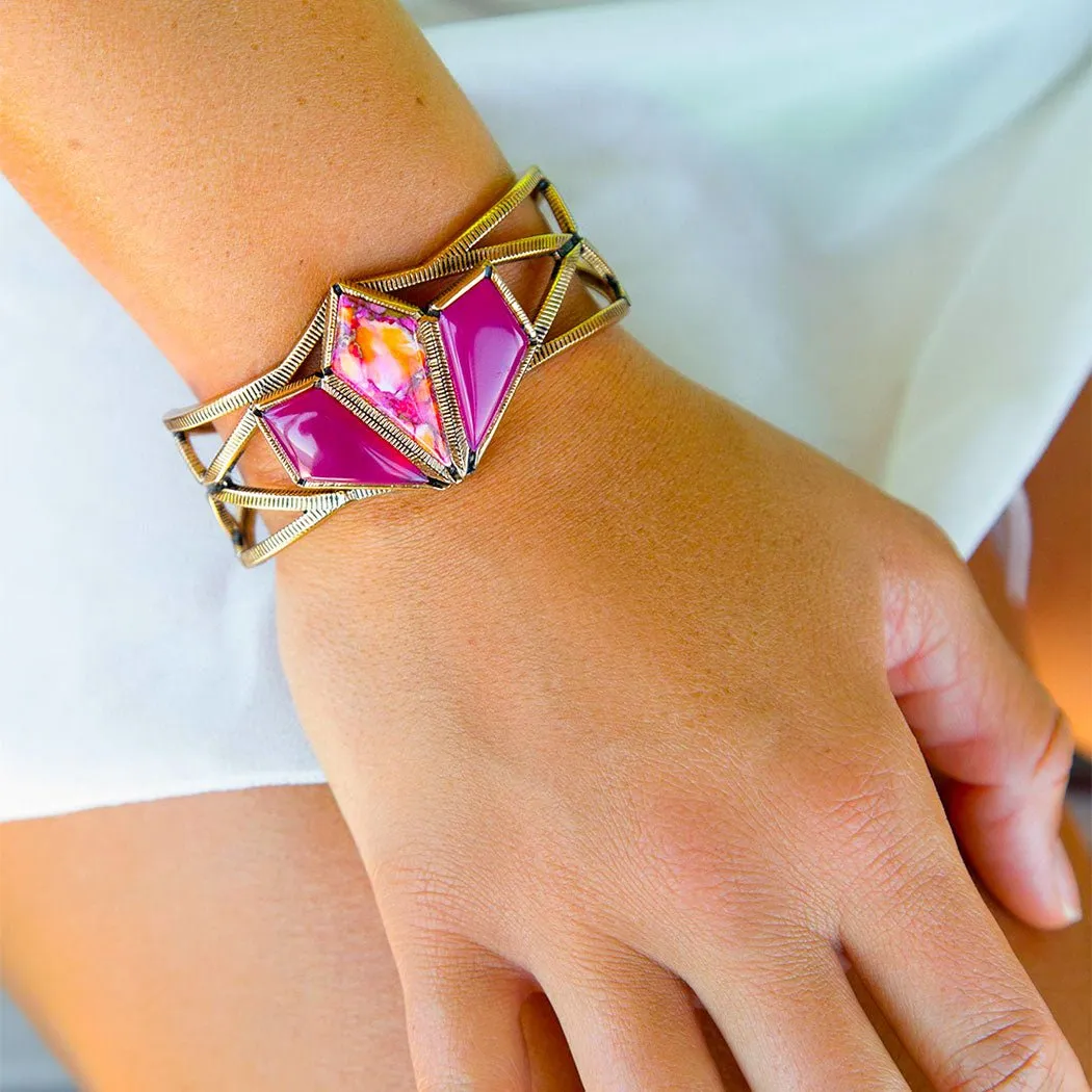 Pink Agate and Coral Matrix Golden Cuff Bracelet sold by Zulily product image thumbnail 2