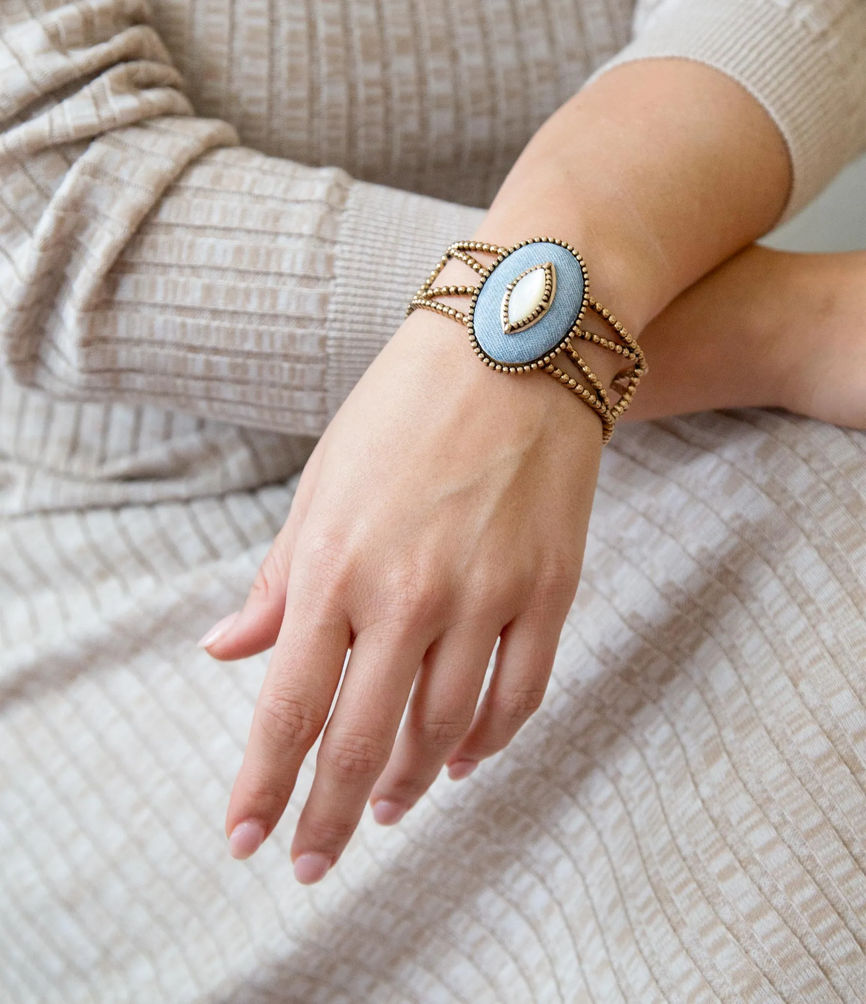 Blue Denim Dreams White Mother of Pearl Golden Cuff Bracelet sold by Zulily product image thumbnail 2