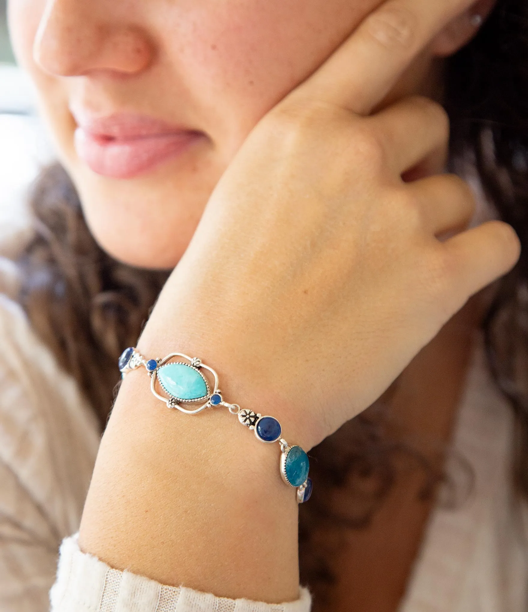 Regal Blue Turquoise and Apatite Sterling Silver Link Bracelet sold by Zulily product image thumbnail 2