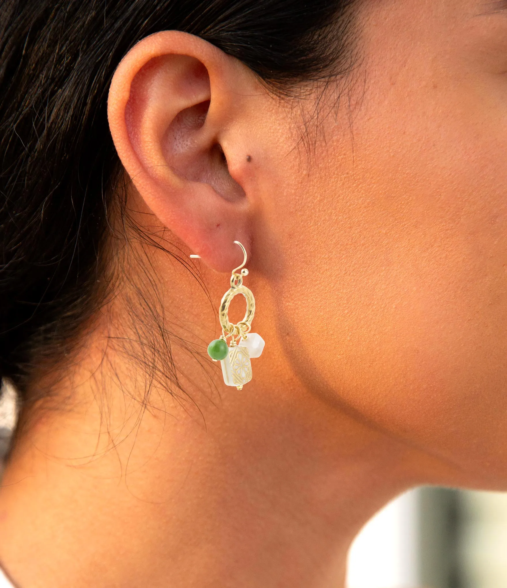 Green Jade and Pink Sunstone Golden Drop Earrings sold by Zulily product image thumbnail 2