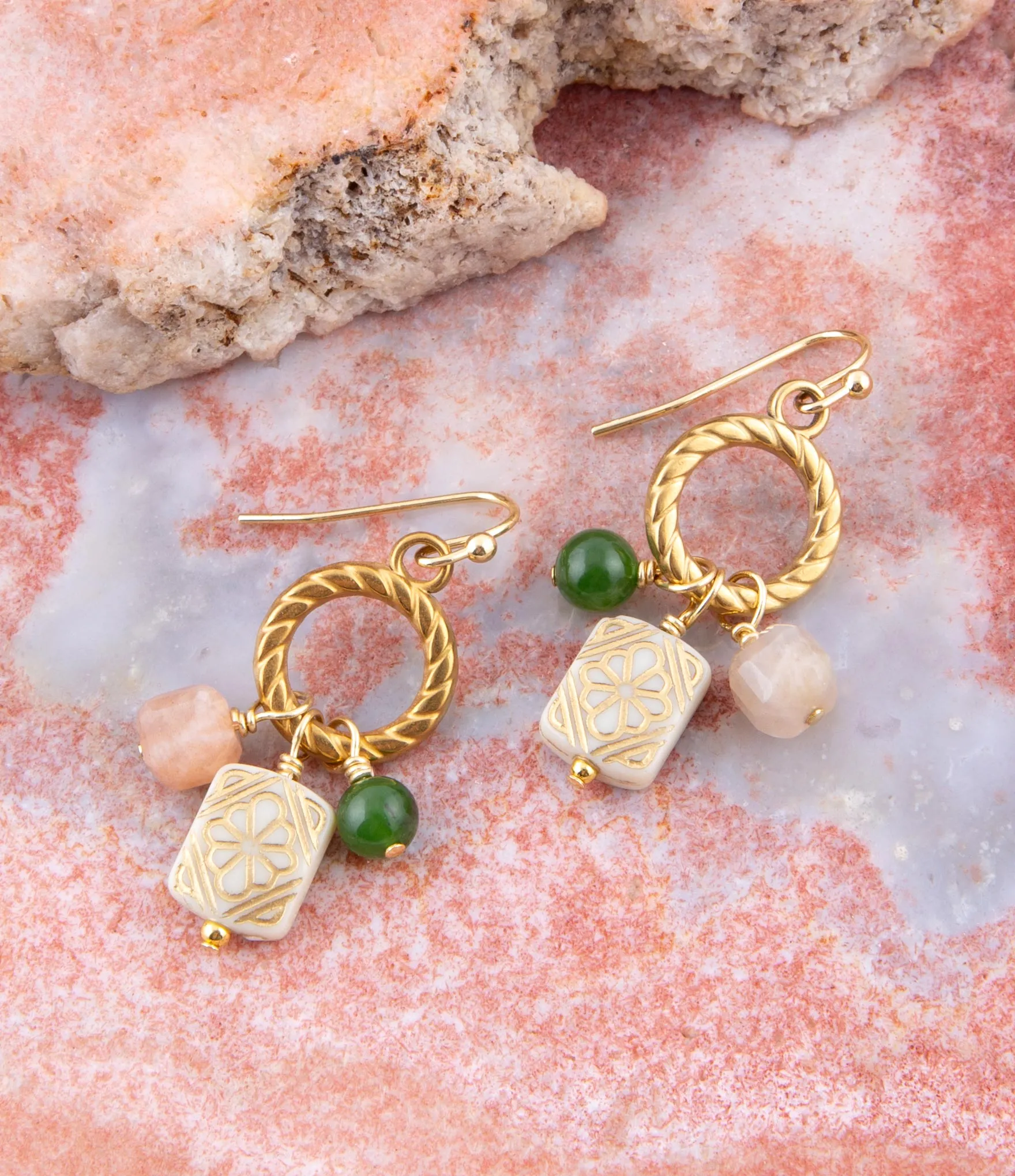 Green Jade and Pink Sunstone Golden Drop Earrings sold by Zulily product image thumbnail 3