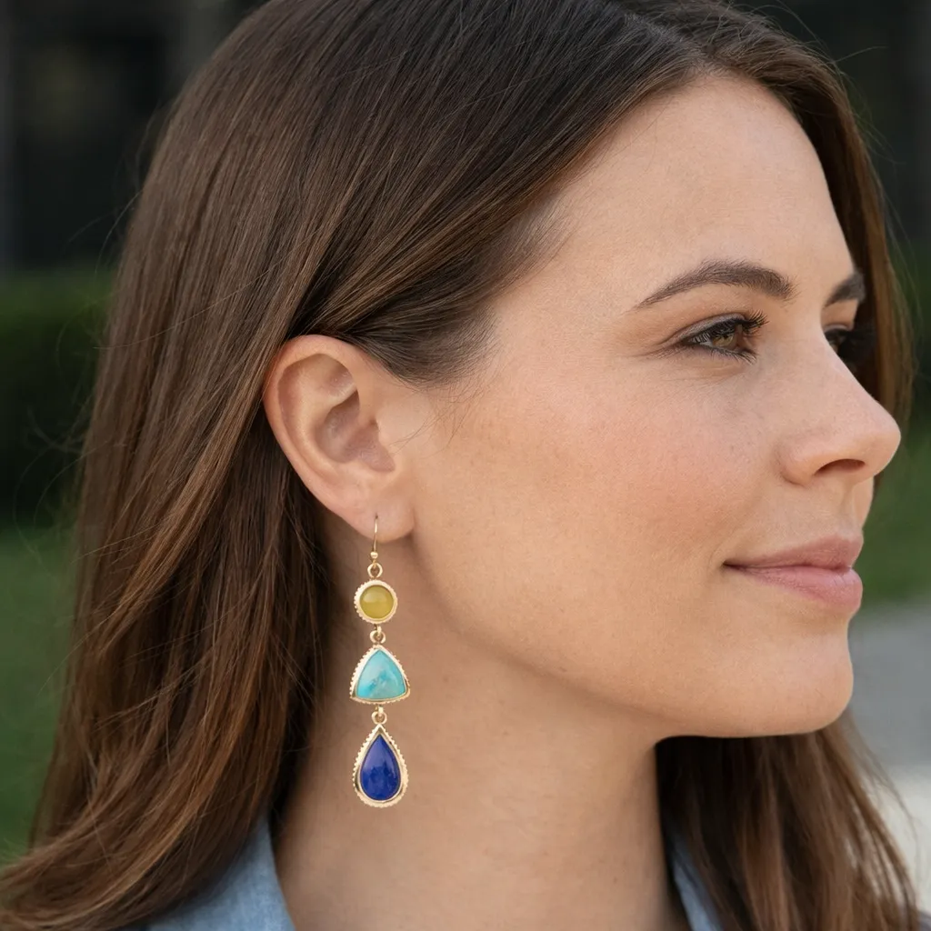 Yellow Quartz and Blue Turquoise Golden Drop Earrings sold by Zulily product image thumbnail 2
