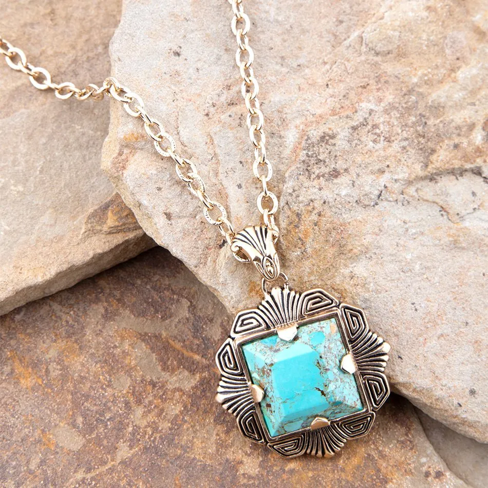 Blue Turquoise Square Golden Pendant Necklace sold by Zulily product image thumbnail 4