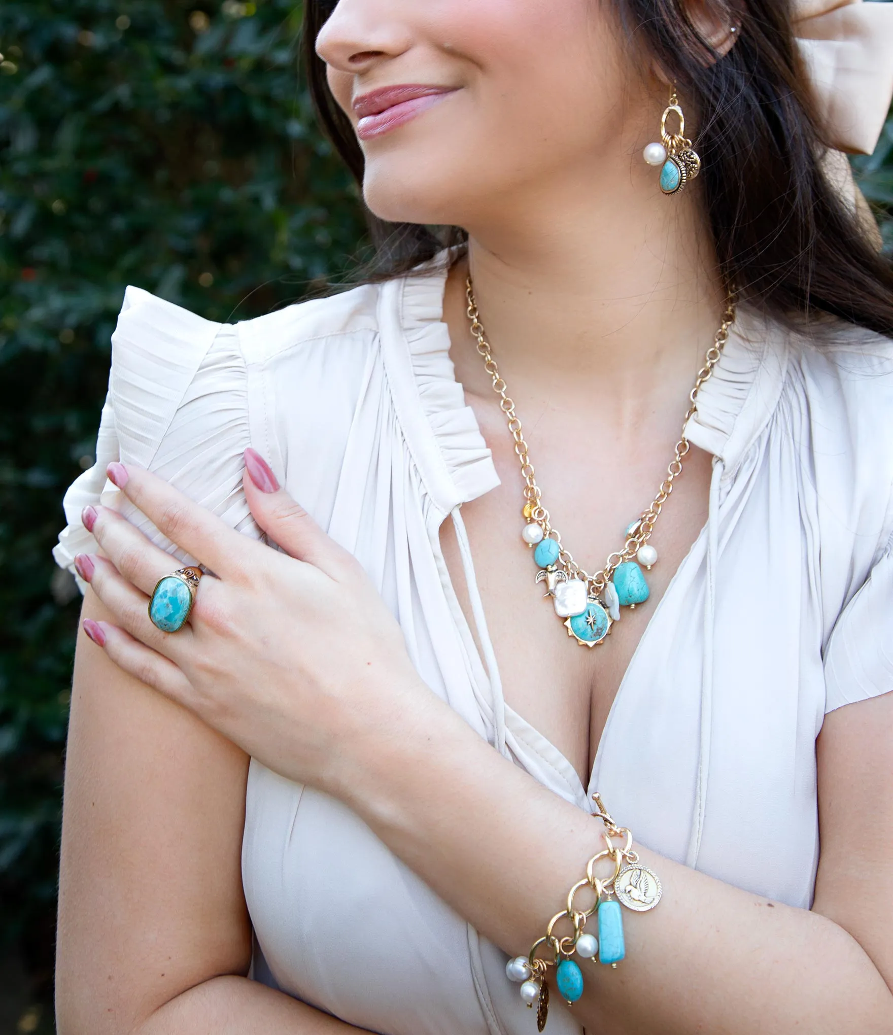 Blue Turquoise and White Pearl Multi Charm Golden Charm Earrings sold by Zulily product image thumbnail 2
