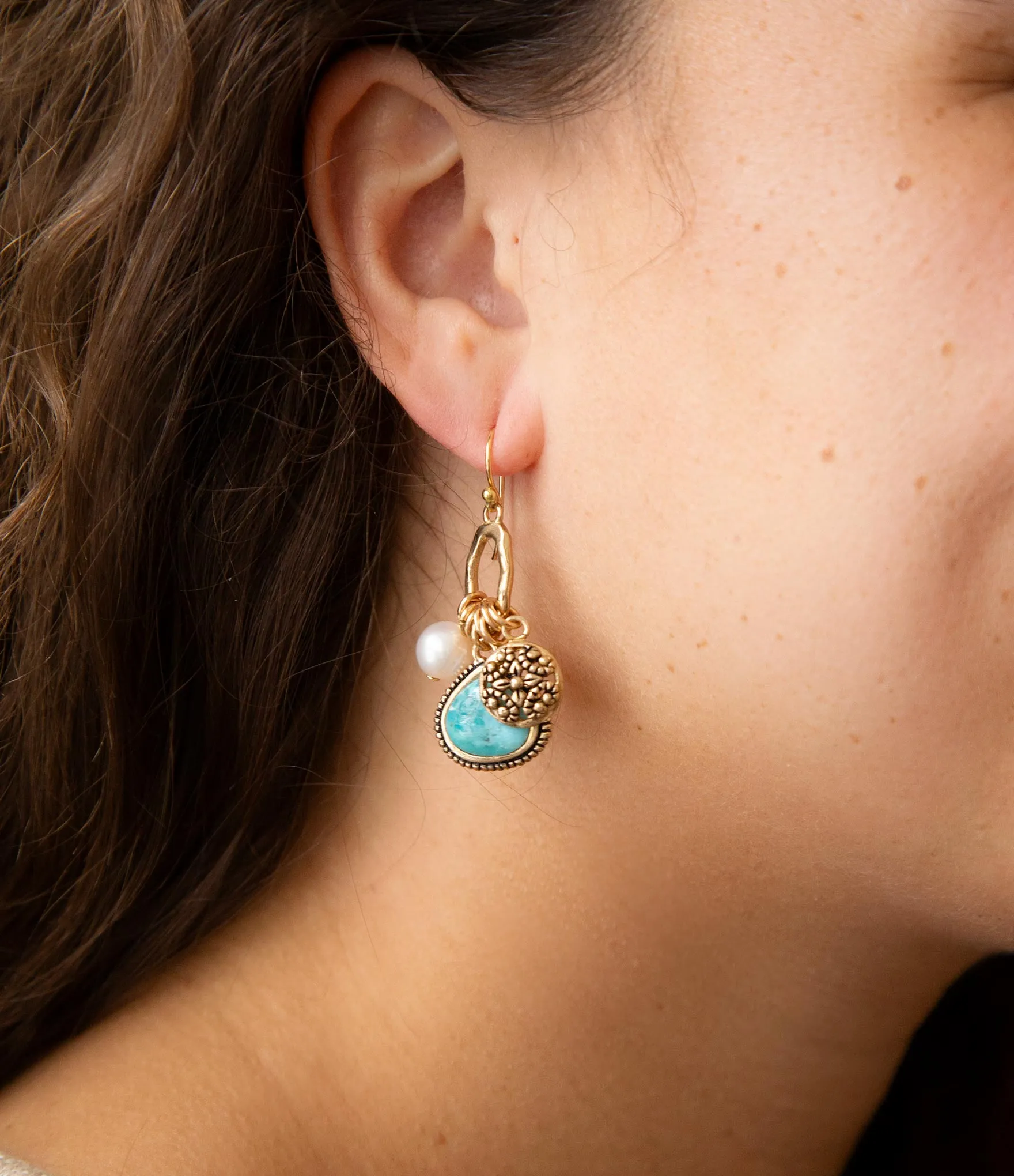 Blue Turquoise and White Pearl Multi Charm Golden Charm Earrings sold by Zulily product image thumbnail 3