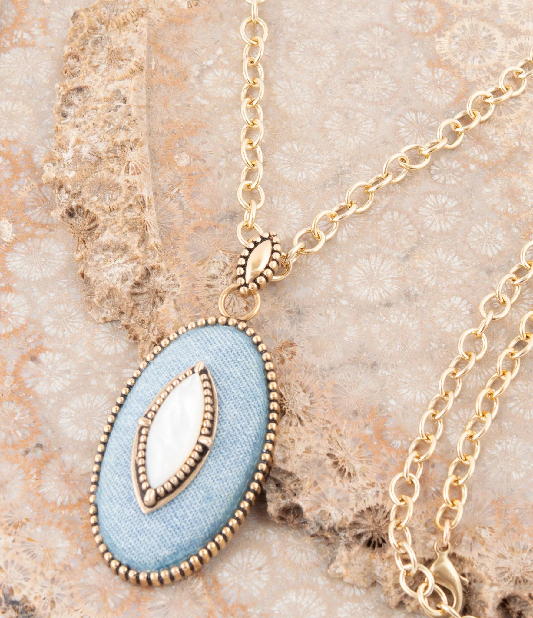 Blue Denim Dreams White Mother of Pearl Golden Pendant Necklace sold by Zulily product image thumbnail 3
