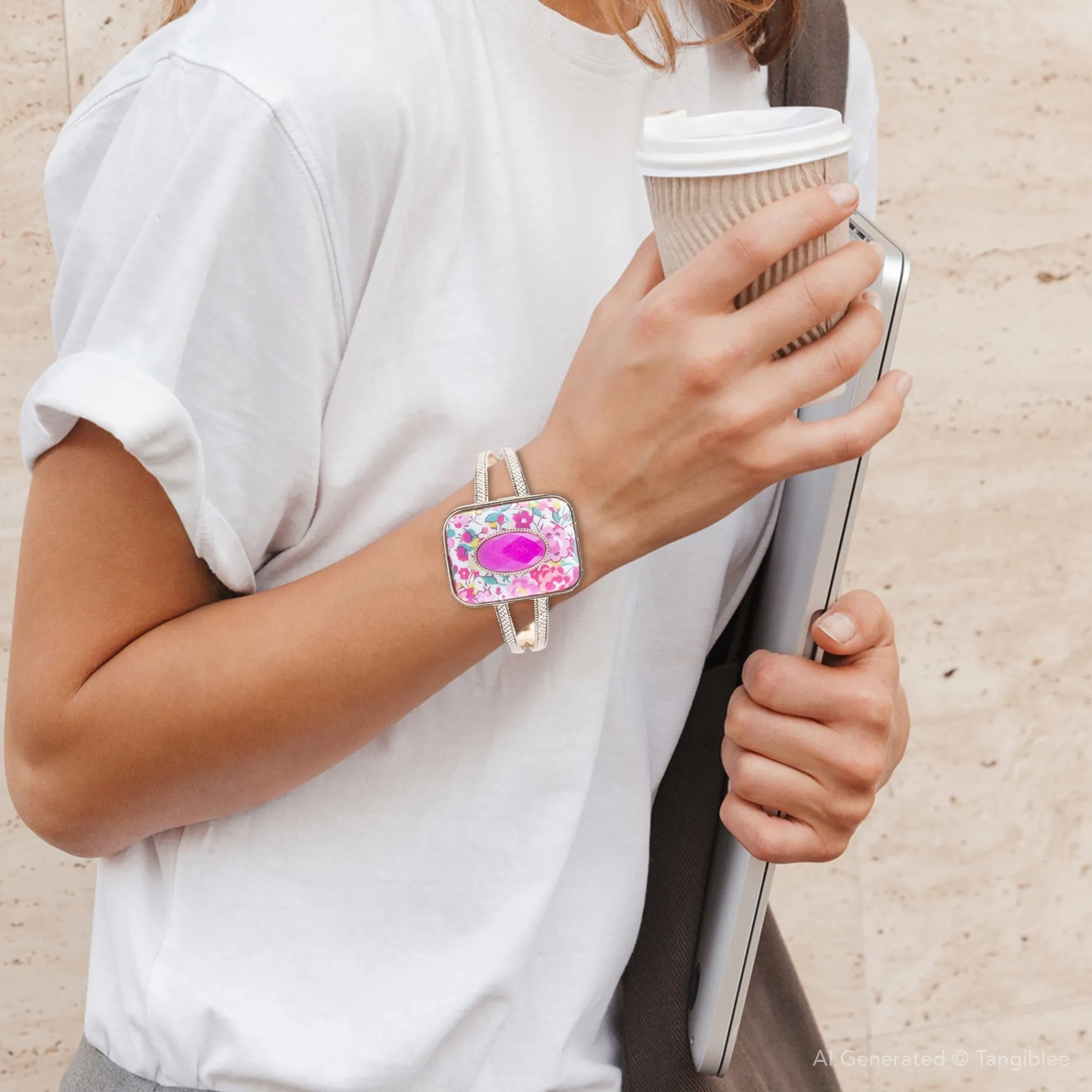 Pink Agate Stacked Stone Floral Cuff Bracelet sold by Zulily product image thumbnail 5