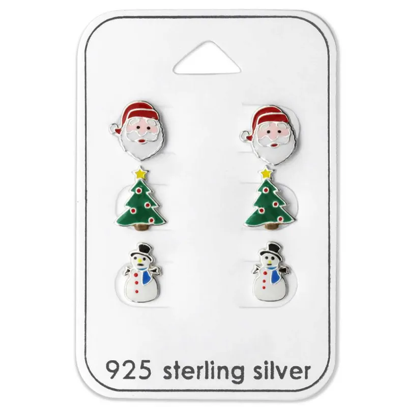 Ag Sterling Set of 3 Christmas Stud Earrings – Santa, Green Tree & Snowman with Blue Scarf made by Zulily