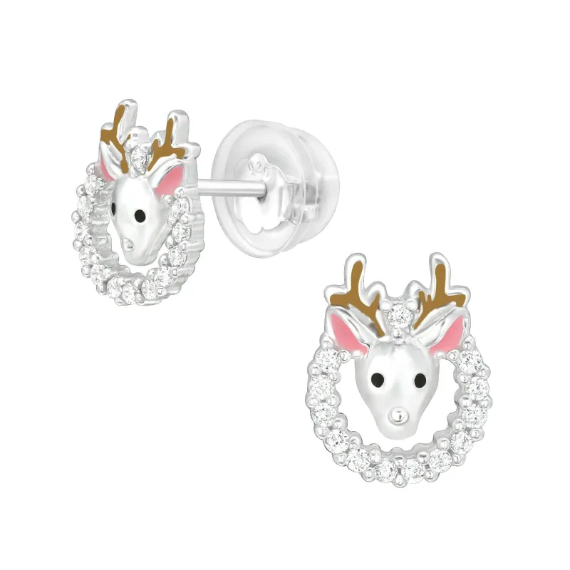 Ag Sterling Reindeer in CZ Wreath Dainty Stud Earrings made by Zulily