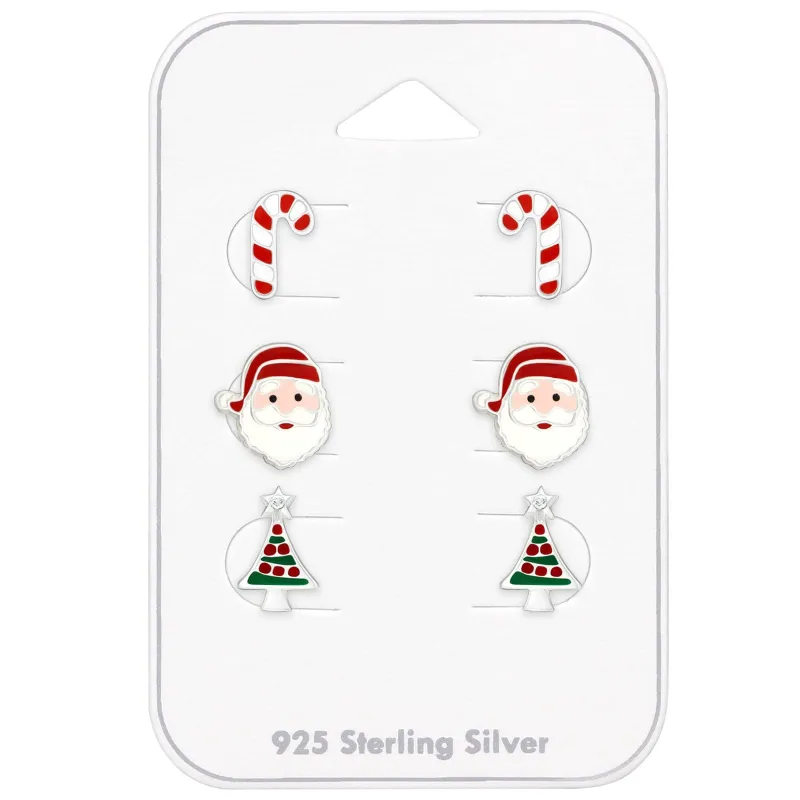 Ag Sterling Set of 3 Christmas Stud Earrings – Candy Cane, Santa & Red-Green Tree made by Zulily