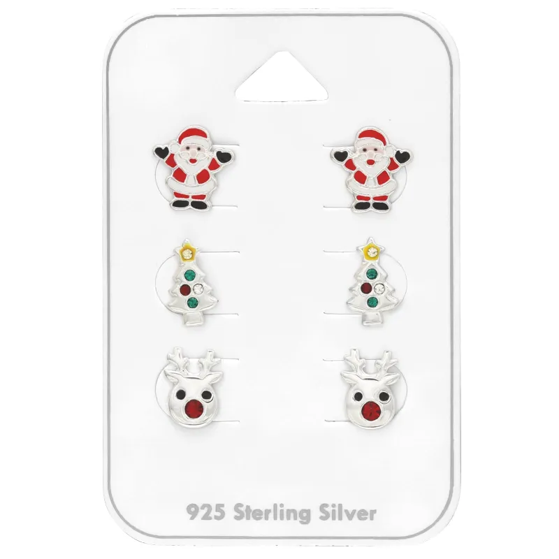 Ag Sterling Set of 3 Christmas Stud Earrings – Santa, Multicoloured CZ Tree & Red-Nosed Reindeer made by Zulily