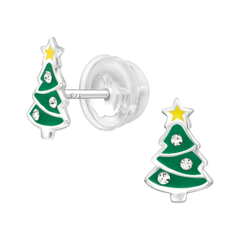 Ag Sterling Green & Yellow Christmas Tree with CZ Dainty Stud Earrings made by Zulily