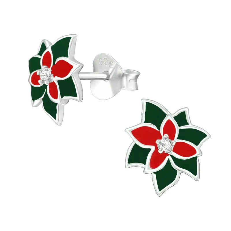 Ag Sterling Green & Red Poinsettia Flower Dainty Stud Earrings made by Zulily