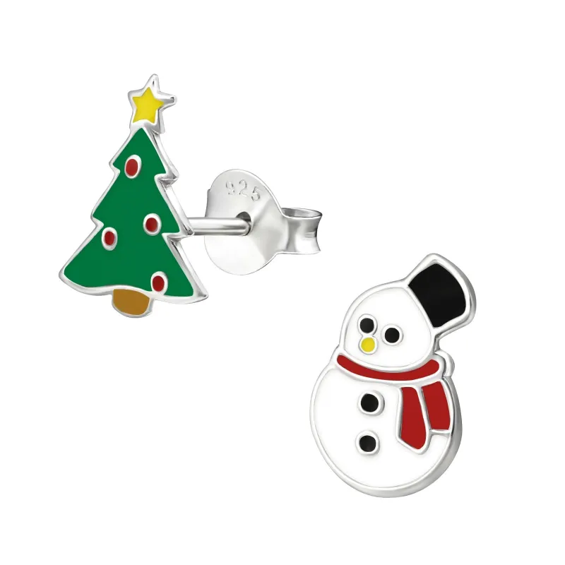 Ag Sterling Green Christmas Tree & Snowman Dainty Stud Earrings made by Zulily