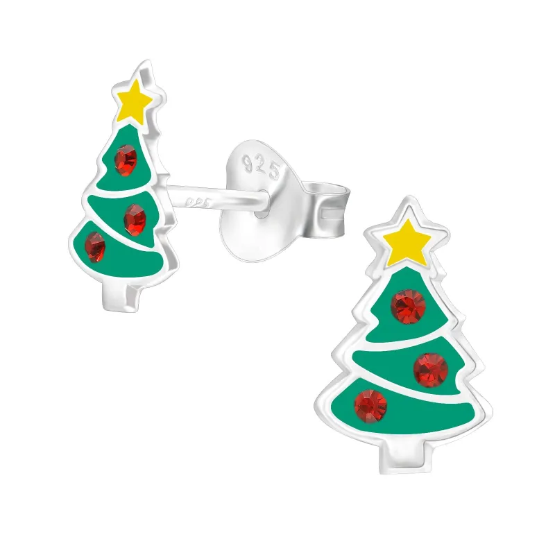 Ag Sterling Green Christmas Tree with Red CZ Dainty Stud Earrings made by Zulily
