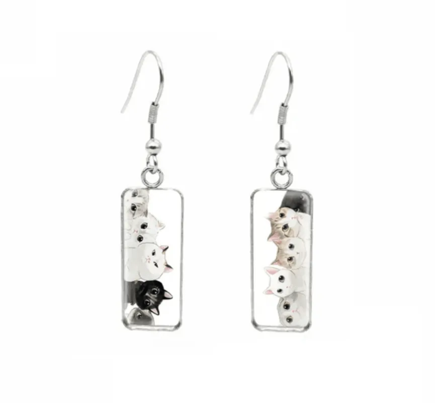 Don't AsK Rectangular Art-Print Drop Earrings – Black & White Cats – Lightweight Dangle Earrings for Women made by Zulily