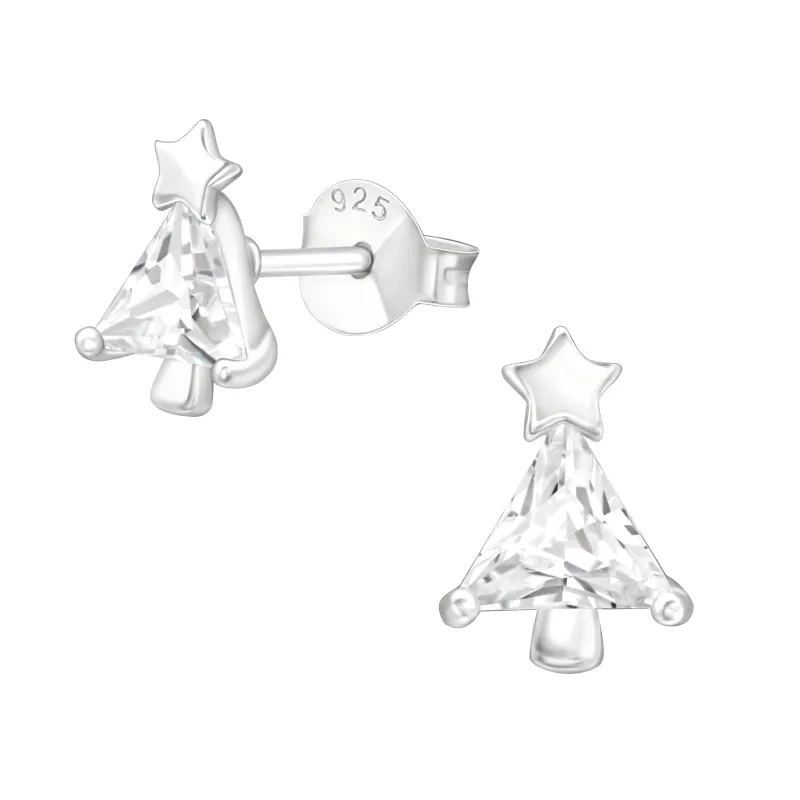 Ag Sterling CZ Triangular Christmas Tree Dainty Stud Earrings made by Zulily