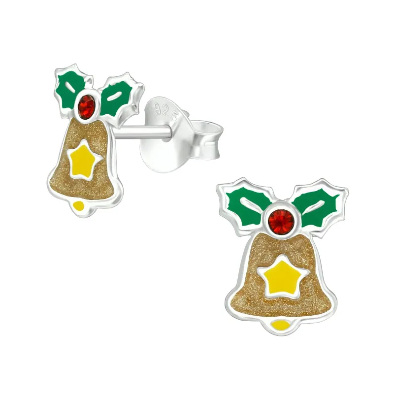 Ag Sterling Glittering Gold Christmas Bell with Red CZ Dainty Stud Earrings made by Zulily