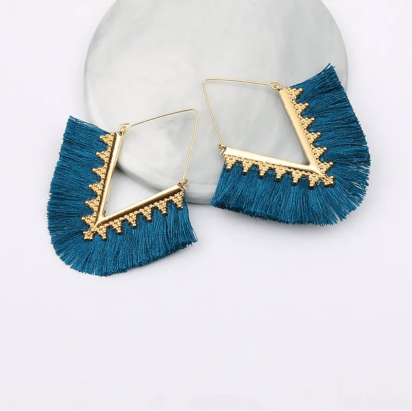 Goldtone Dark Teal Tassel Triangle Drop Earrings made by Zulily
