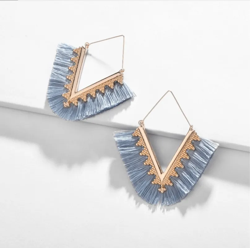 Goldtone Dusty Blue Tassel Triangle Drop Earrings made by Zulily
