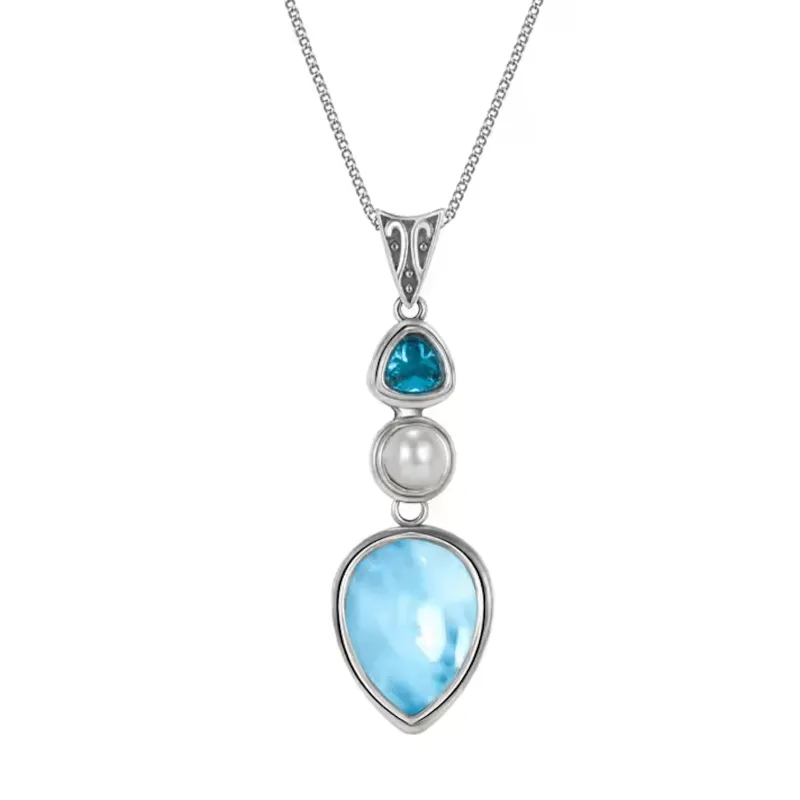 Sterling Silver Larimar, Pearl & Blue Topaz Drop Pendant Necklace (40 × 10 mm) made by Zulily