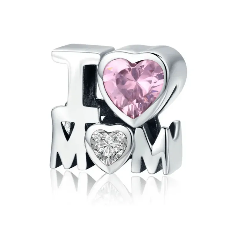 Sterling Silver Pink Cubic Zirconia I Love Mom Bracelet Charm made by Zulily