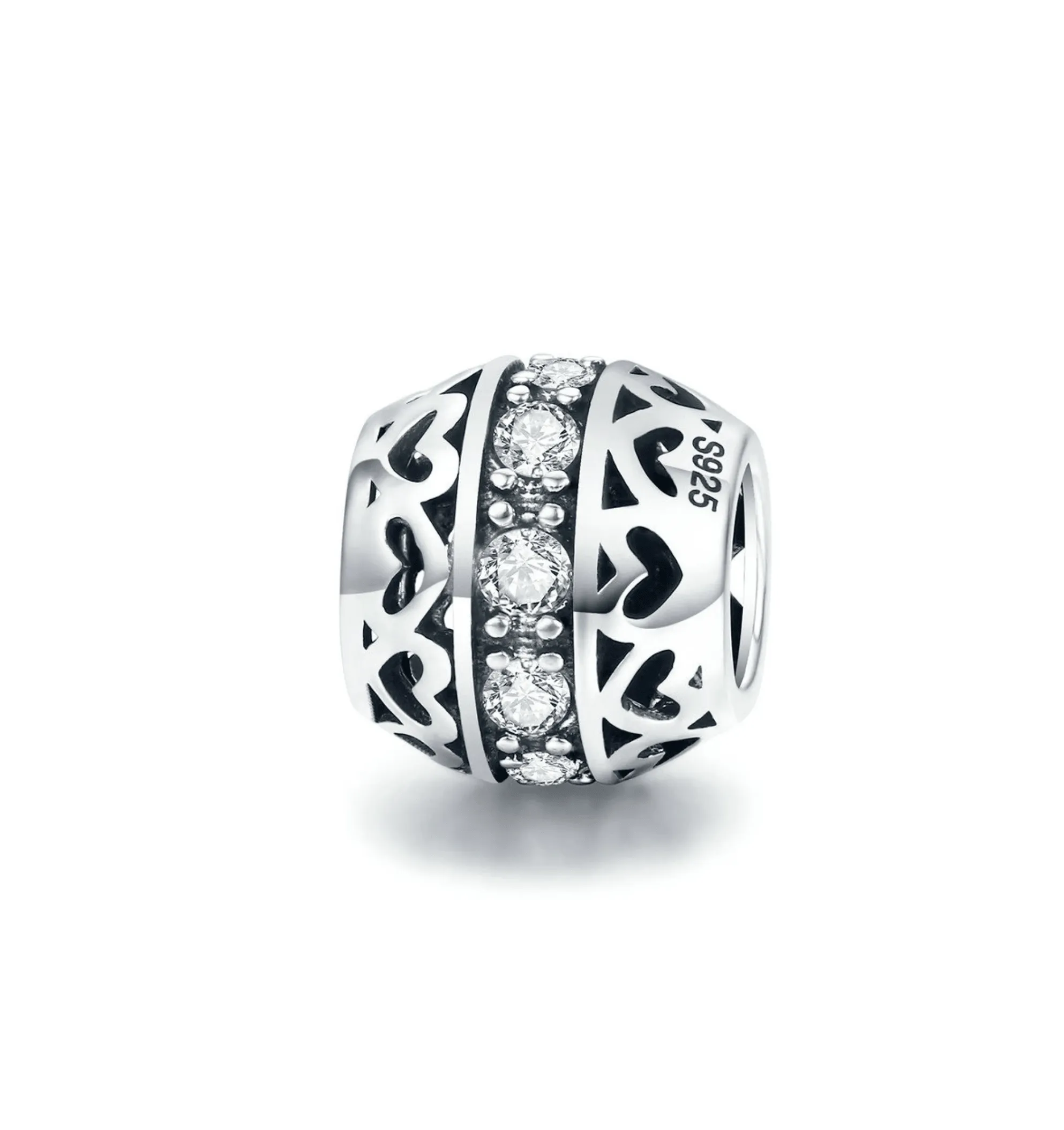 Sterling silver round bead with heart and cz sold by Zulily