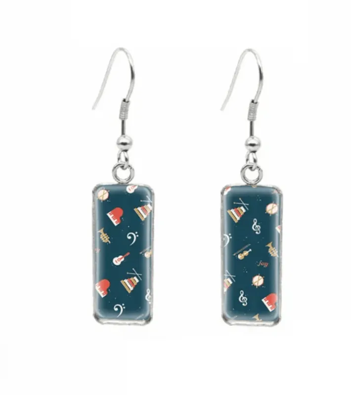 Don't AsK Rectangular Art-Print Drop Earrings – Navy & Musical Instruments – Lightweight Dangle Earrings for Women made by Zulily