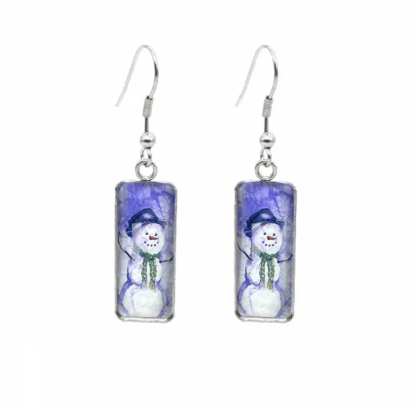 Don't AsK Rectangular Art-Print Drop Earrings – Snowman with Green Scarf – Lightweight Dangle Earrings for Women made by Zulily