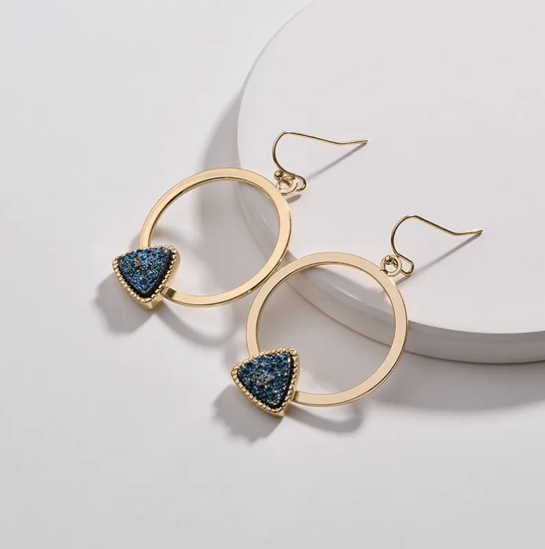 Goldtone Blue Metallic Druzy Triangle Circle Earrings made by Zulily