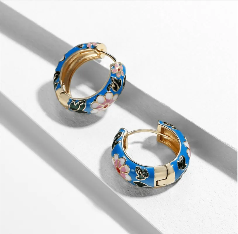 Blue Floral Enamel Huggie Hoop Earrings made by Zulily