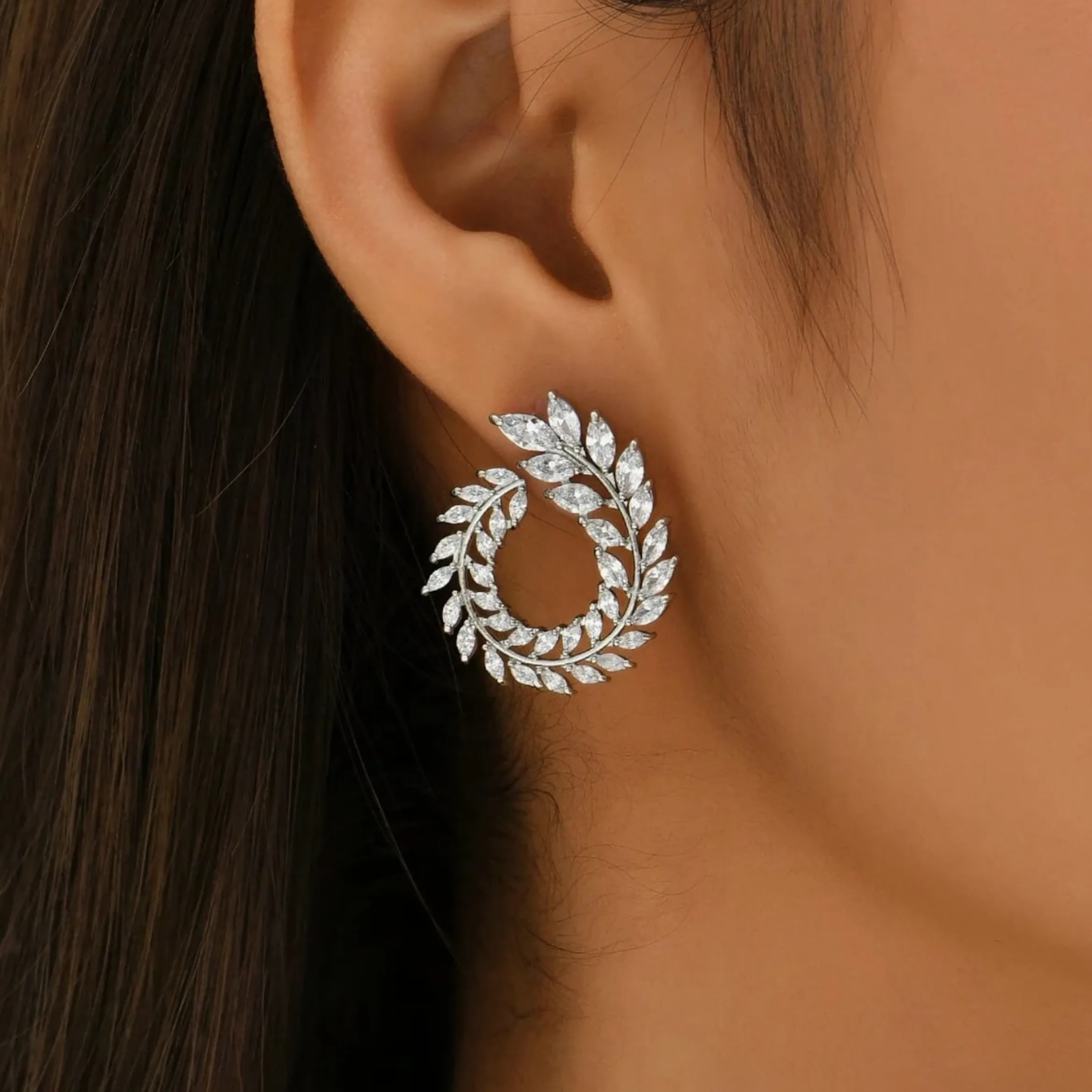 Eva Sky Squared Clear Cubic Zirconia Leaves Circular Statement Stud Earrings sold by Zulily product image thumbnail 2