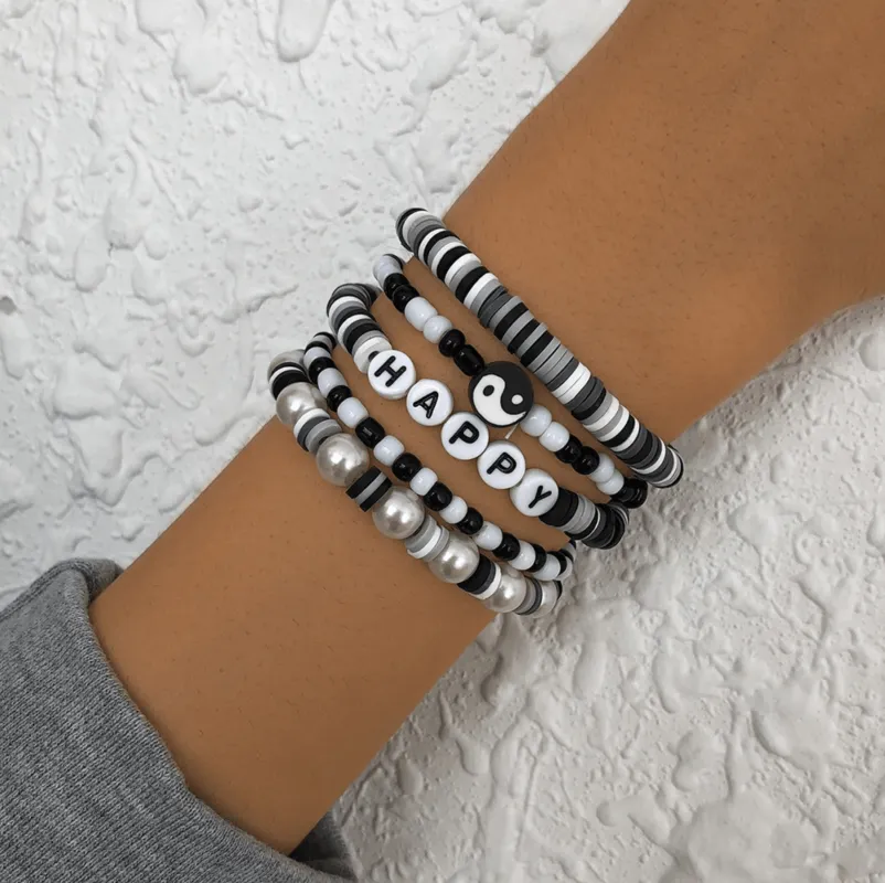 Black White Beaded Happy Bracelet Set made by Zulily