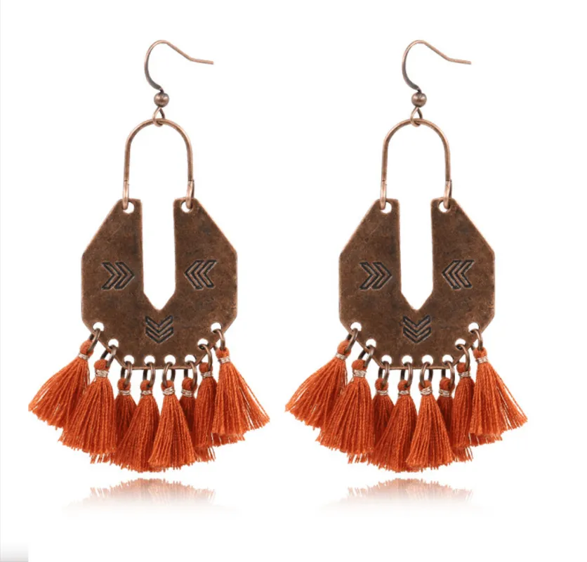 Brass Burnt Orange Boho Tassel Statement Drop Earrings made by Zulily