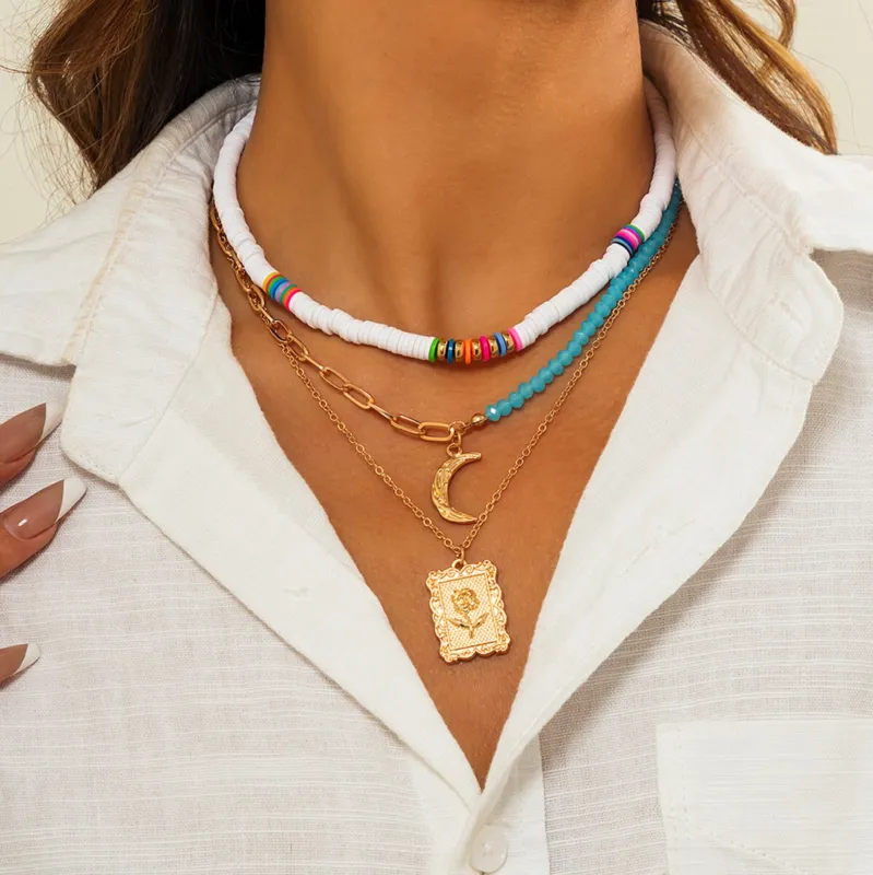 Multicolour Teal Beaded Rose Crescent Moon Layered Necklace made by Zulily