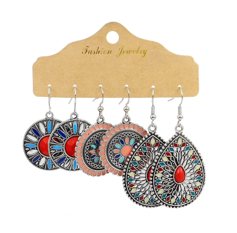 Boho Red Blue Drop Earrings Set 3-Piece made by Zulily