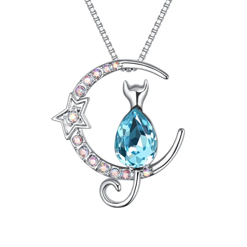 Elegant Cat and Crescent Moon Pendant Necklace Featuring Aquamarine Swarovski Crystals made by Zulily