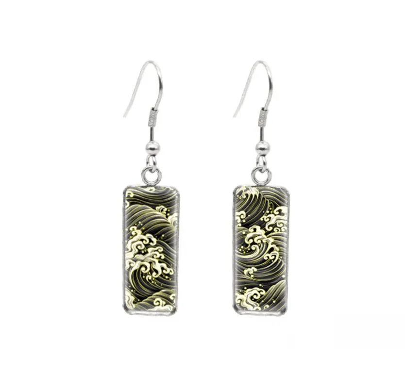 Don't AsK Rectangular Art-Print Drop Earrings – Black & Green Wave – Lightweight Dangle Earrings for Women made by Zulily