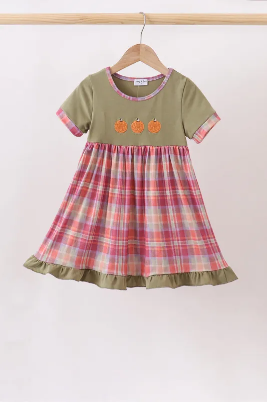 Camel Pumpkin Embroidery Plaid Dress made by Zulily