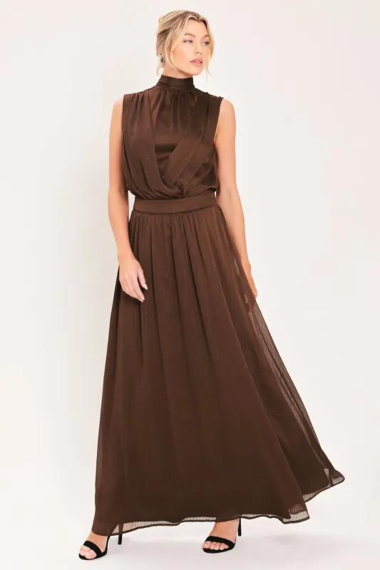 Espresso Gathered Glow Woven Maxi Dress made by Flying Tomato