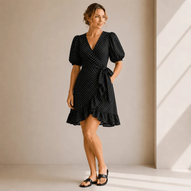 Lily by Firmiana Women’s Puff Sleeve Wrap-Style Dress with Ruffle Hem Women’s Apparel made by Zulily