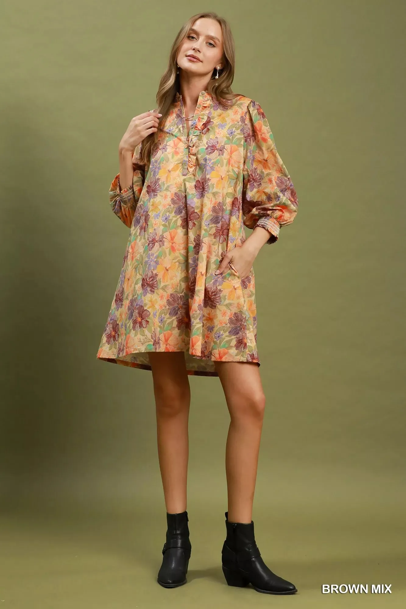 Umgee Mix Floral Print Smocked Cuff Mini Dress sold by Zulily product image thumbnail 4