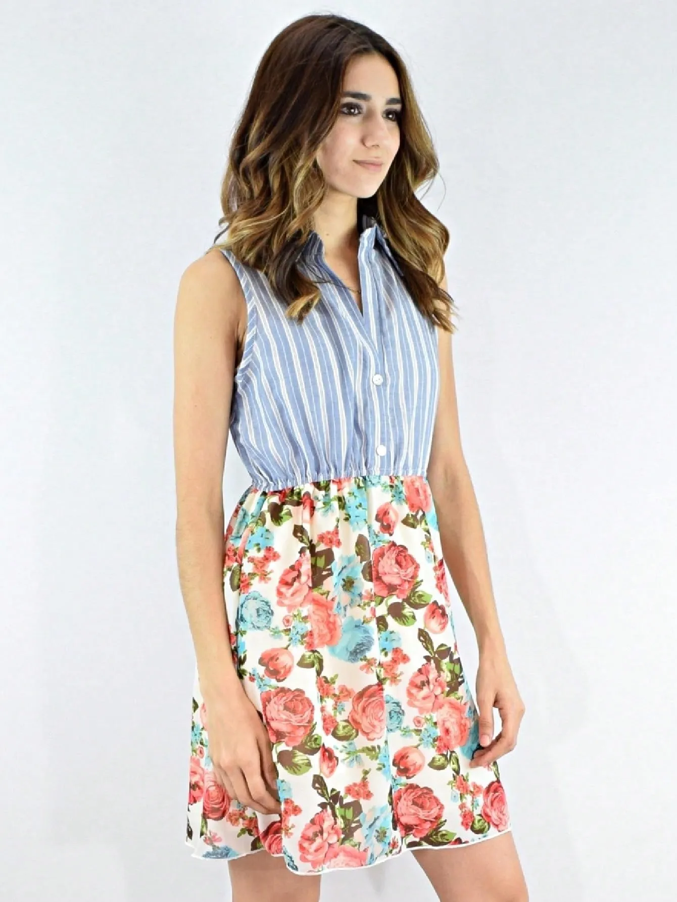 Boho Vintage Multi Stripe Button Shirt Floral Retro Mini Dress sold by Zulily product image thumbnail 3