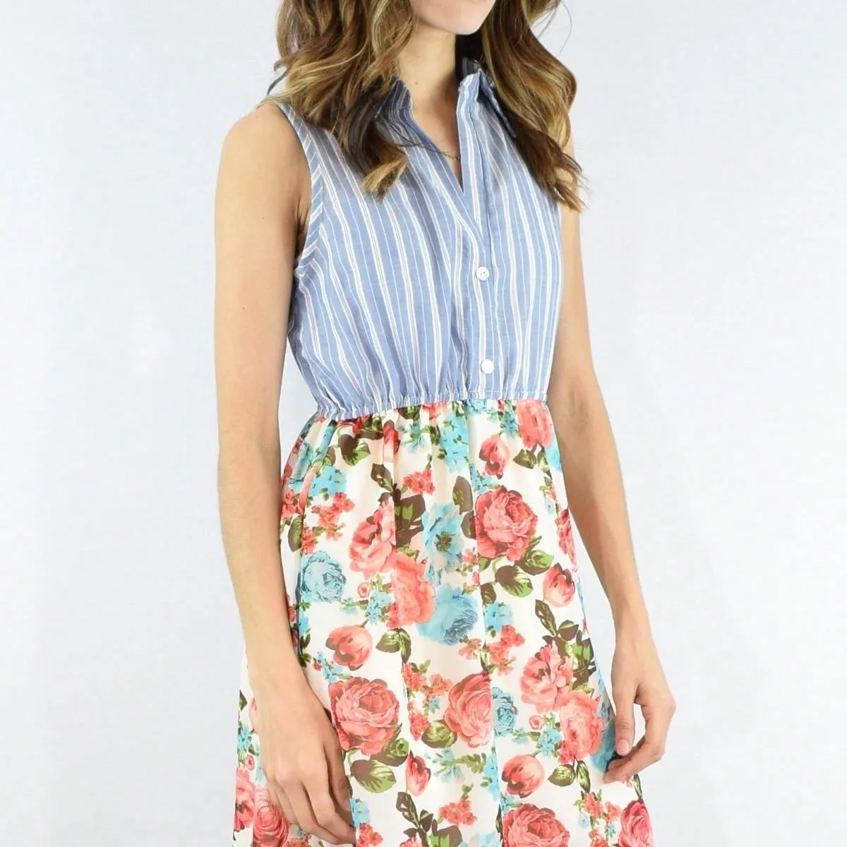 Boho Vintage Multi Stripe Button Shirt Floral Retro Mini Dress sold by Zulily product image thumbnail 5