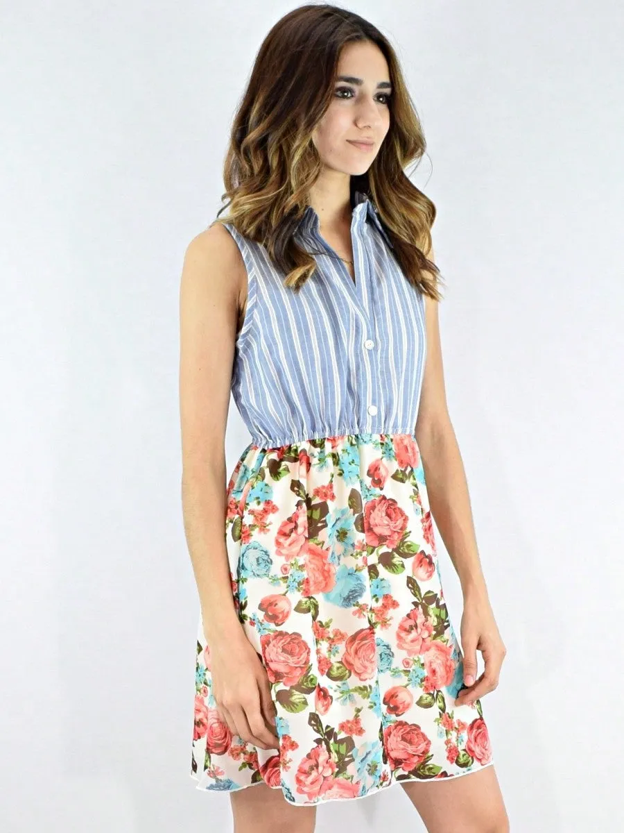 Boho Vintage Multi Stripe Button Shirt Floral Retro Mini Dress sold by Zulily product image thumbnail 2