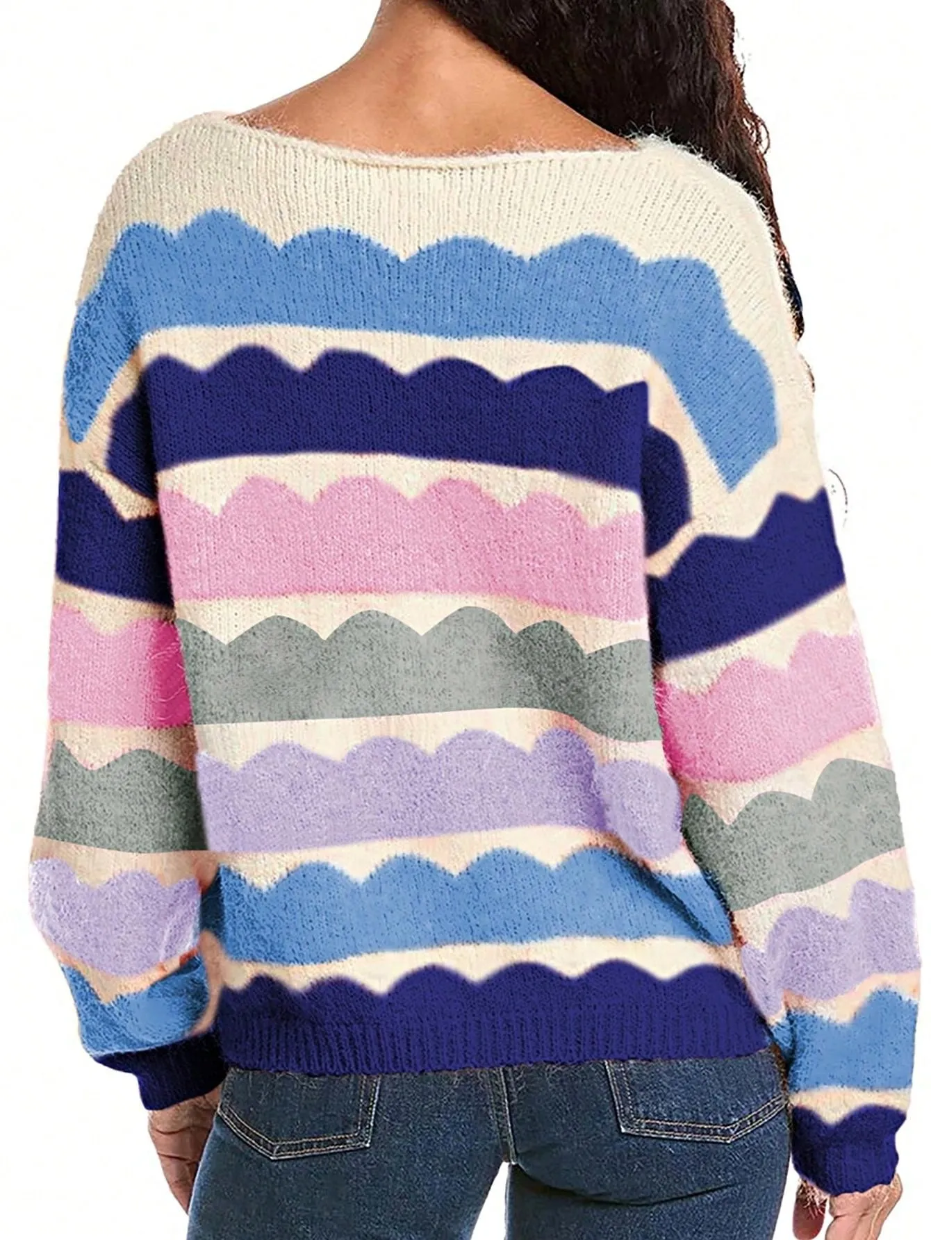 Barbi Pink Boho Retro Vintage 60's Drop Shoulder Bubble Puff Sleeve Wave Stripe Floral Overs Sized Sweater Knit sold by Zulily product image thumbnail 3