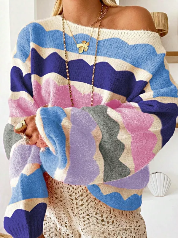 Barbi Pink Boho Retro Vintage 60's  Drop Shoulder Bubble Puff  Sleeve Wave Stripe Floral Overs Sized  Sweater Knit made by Zulily